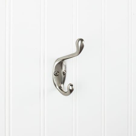 Elements 3-3/8" Satin Nickel Small Transitional Double Prong Wall Mounted Hook YD40-337SN